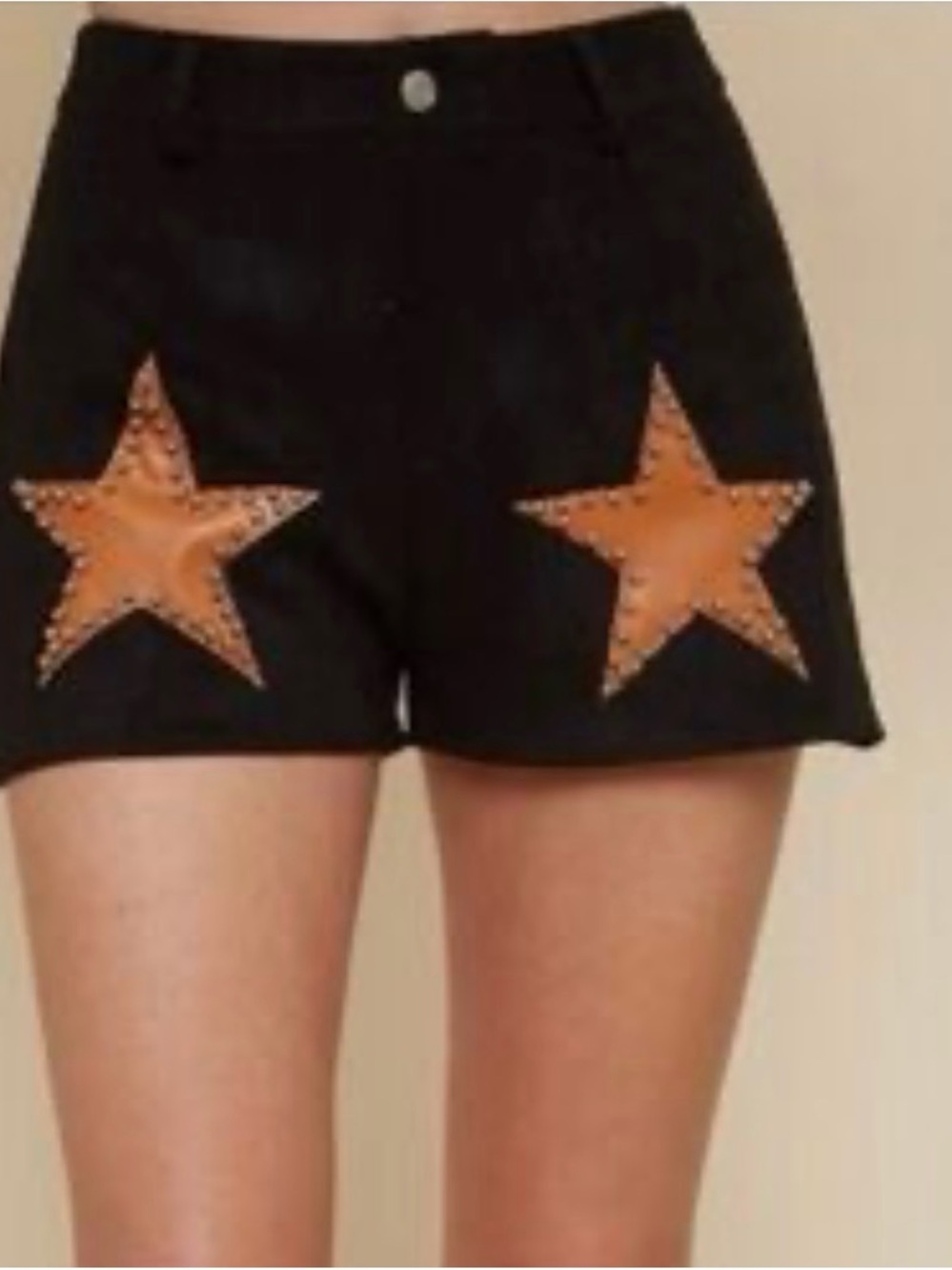 Black Jean Shorts with Brown Star Appliqués